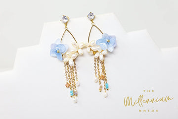 Real Immortal Blue White Flower Freshwater Pearls Crystal Earrings, Long Bridal Jewelry, Bridal Earrings Statement Earrings Cz